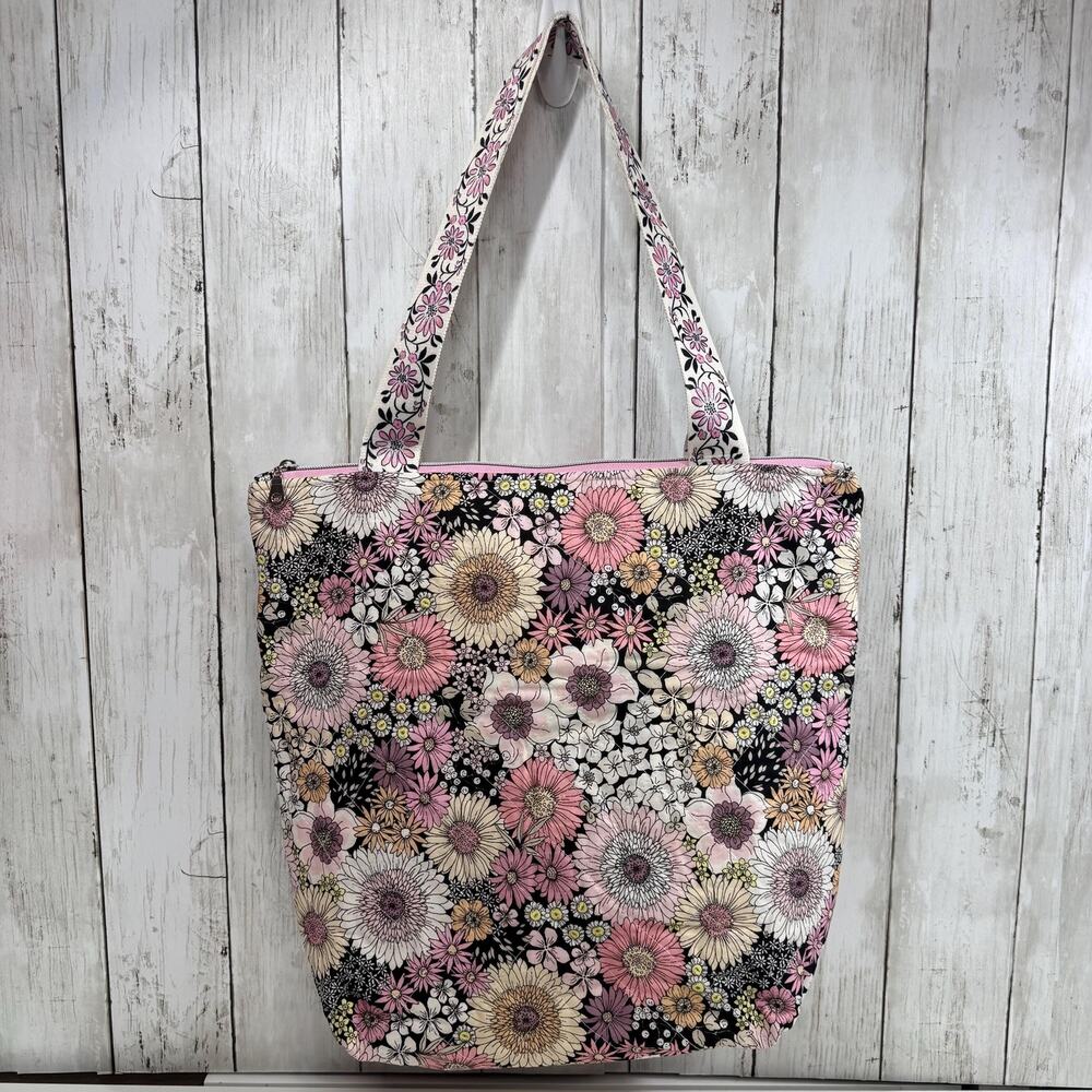 Large Quilted Pink Floral Tote Bag, Zippered Closure
